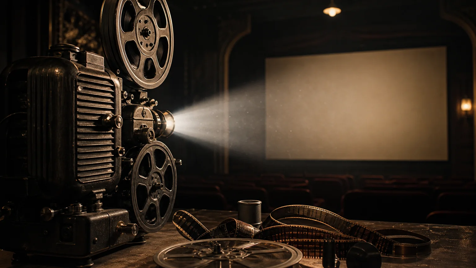 A vintage film projector casting warm light through a dark cinema archive
