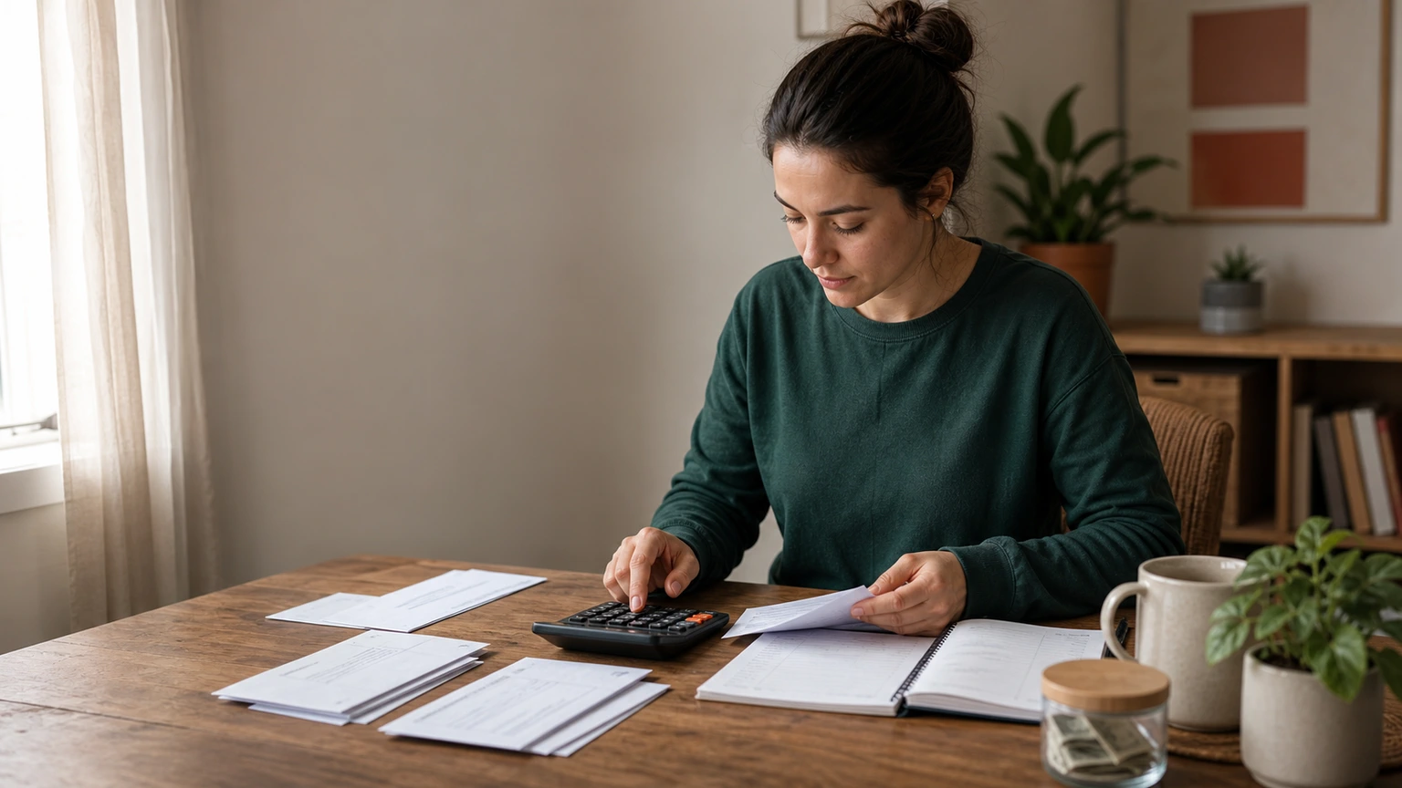 A woman calmly reviewing bills with a calculator and repayment notebook at her kitchen table