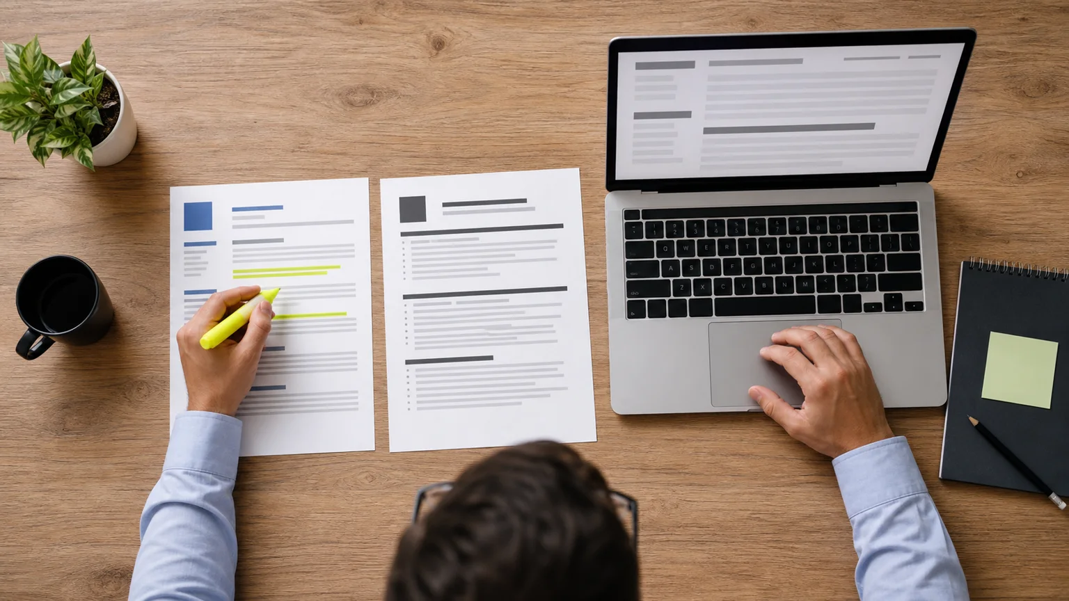 A job seeker comparing a resume with a job description and highlighting matching skills