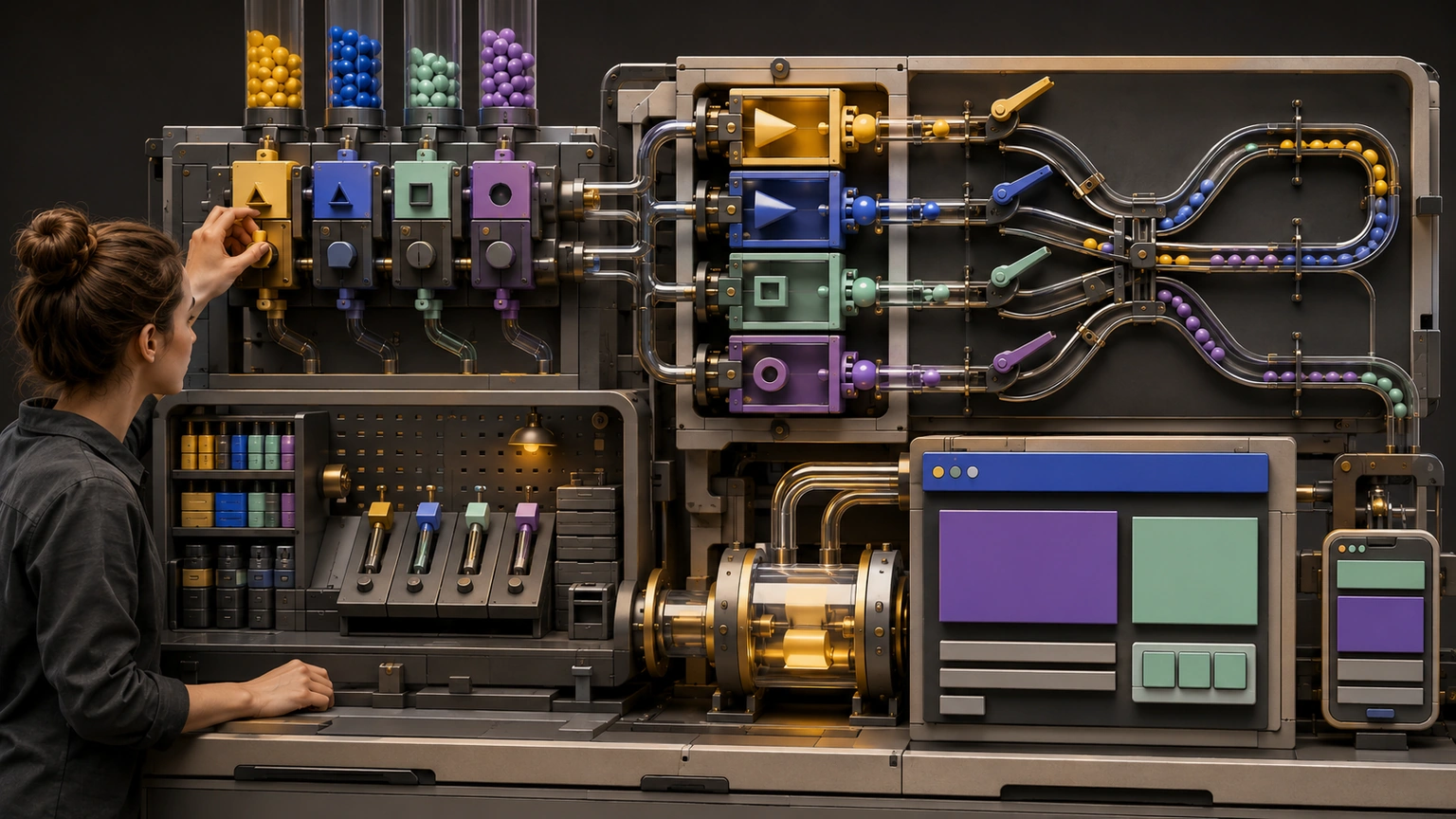 A learner operating a physical programming machine linking logic, branches, data flow, and responsive interfaces